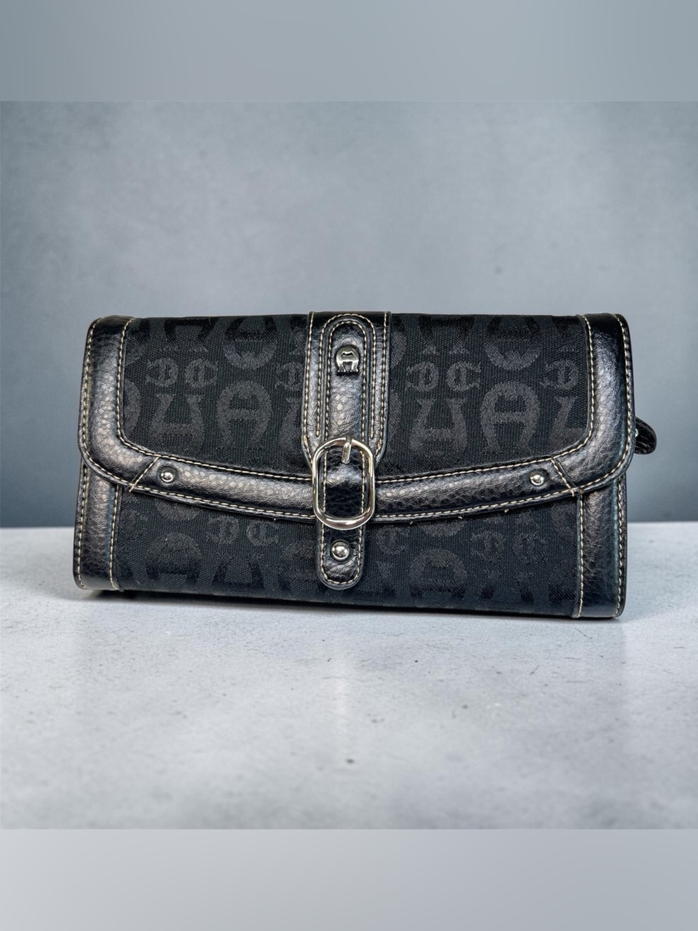 Etienne Aigner Black Monogram Buckle Wallet